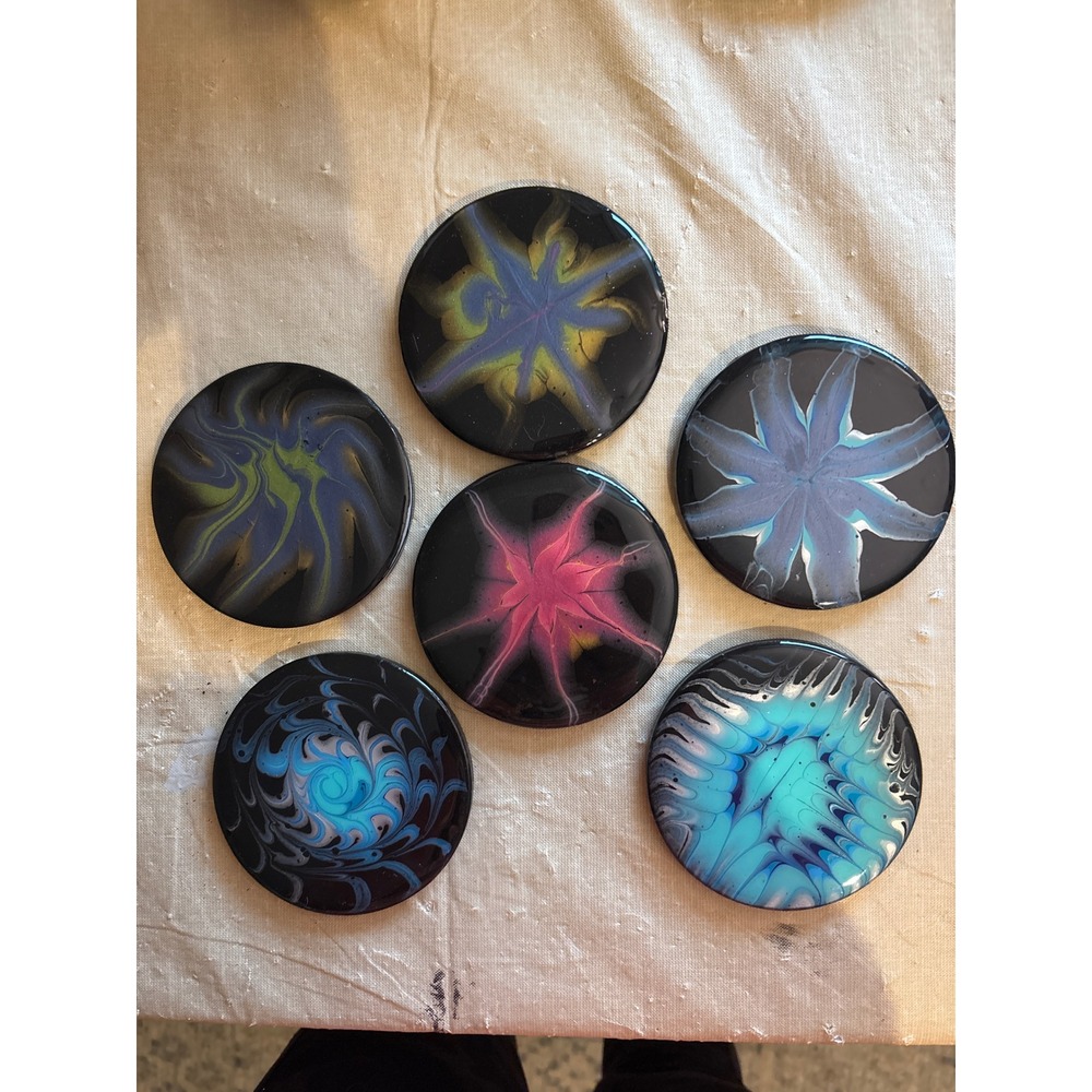 Fluid Art coaster Set 4in Multicolor Resin Cork 6 pieces trippy vibe